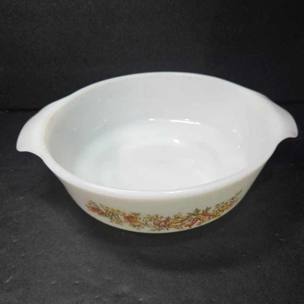 Anchor Hocking Fire King 1qt Casserole Dish #637, Fall Harvest Vegetable Design